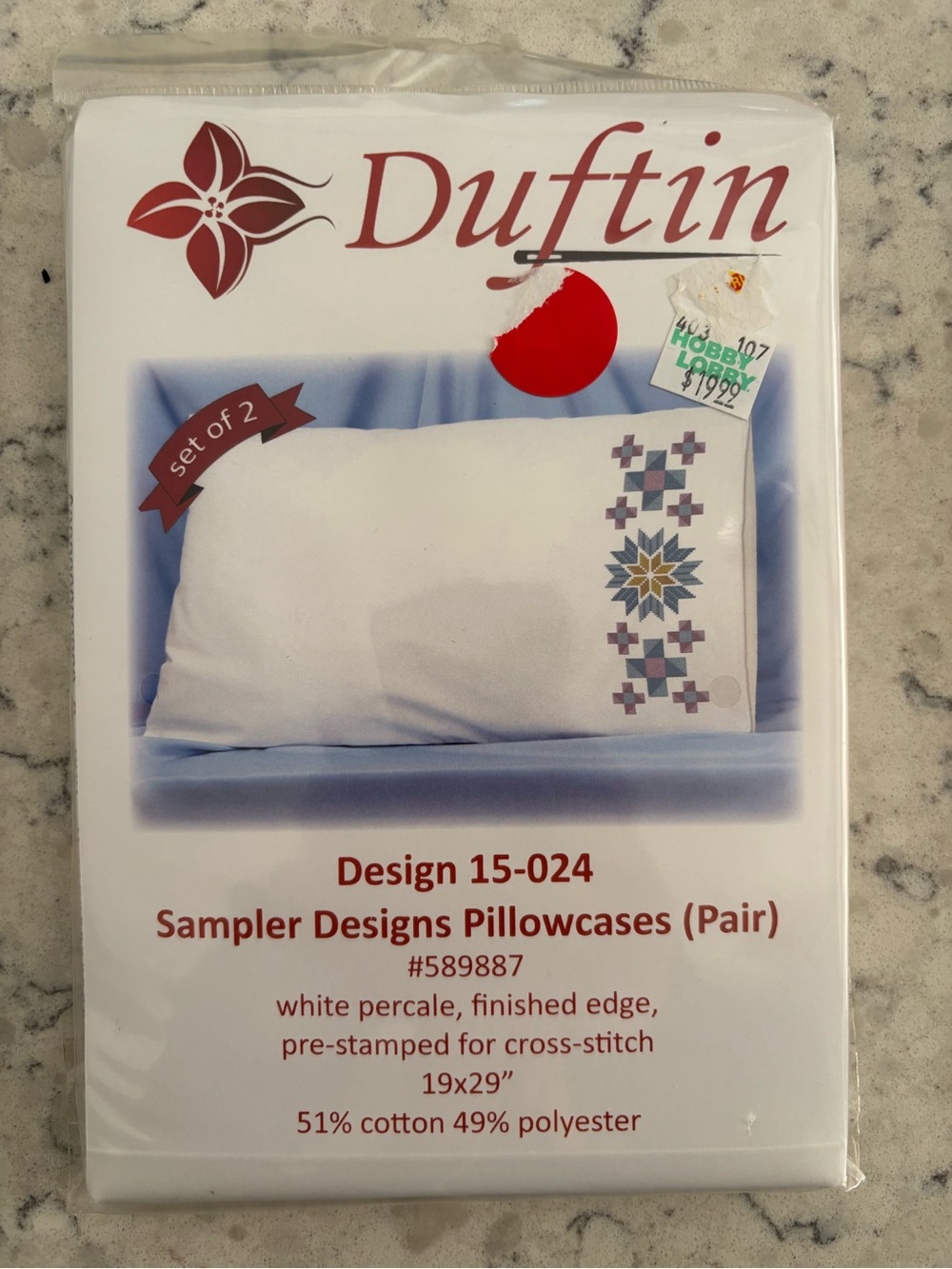 Sealed Duftin White Percale Pre-Stamped Cross Stitch Pillowcase Pair 15-024